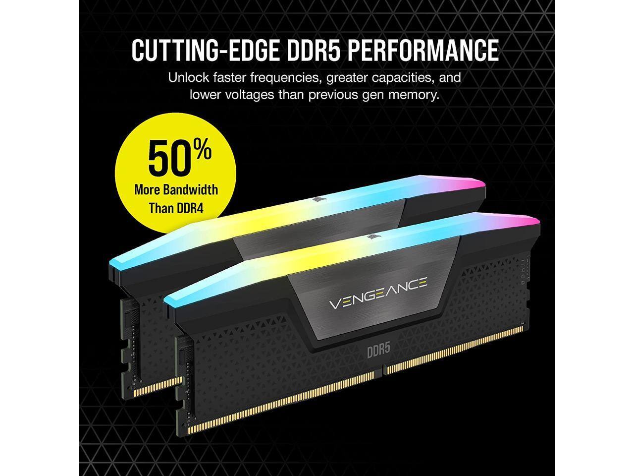 CUTTING-EDGE DDR5 PERFORMANCE  
Unlock faster frequencies, greater capacities, and lower voltages than previous gen memory.  

50% More Bandwidth Than DDR4  

VENGEANCE DDR5