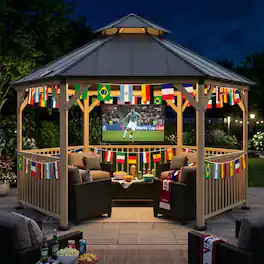 Mondawe - 15Ft Hexagonal Hardtop Gazebo with Solar LED Light and Modular Safety Fence– Buy Now & Get a Free Flag - Gray