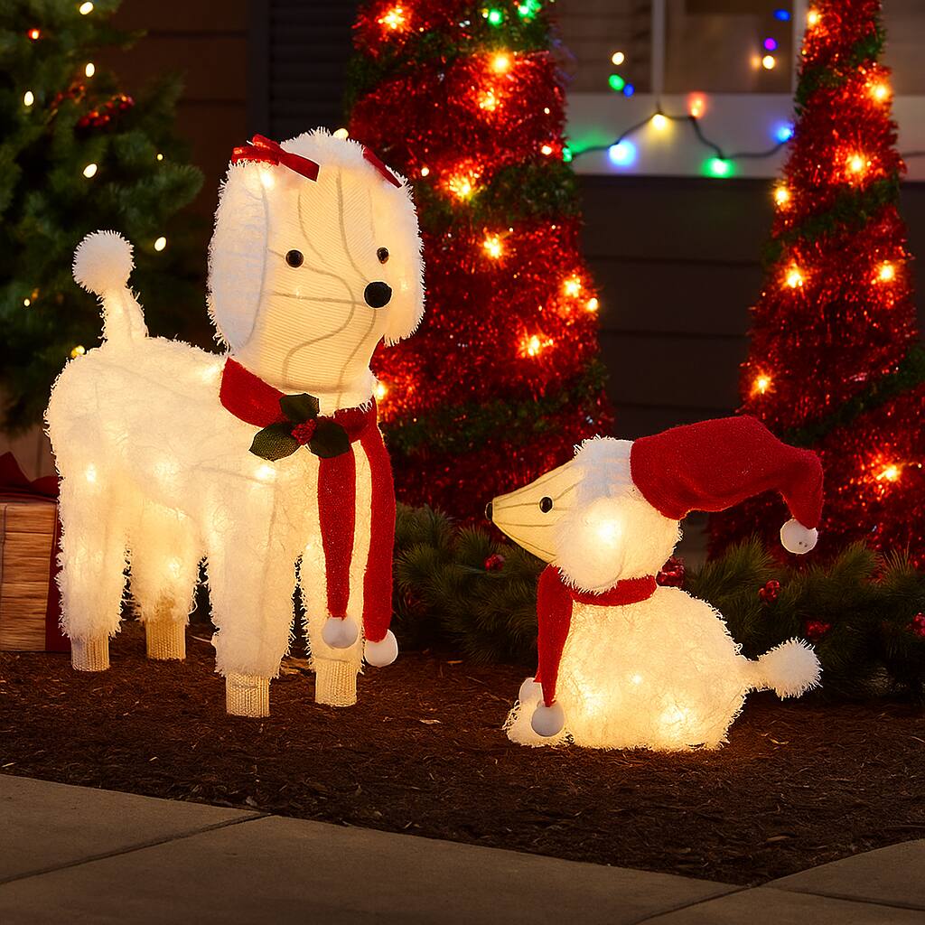 BreeBe - Pre-Lit Poodle Dog Figures with 60 Warm White LED Lights - White + Red