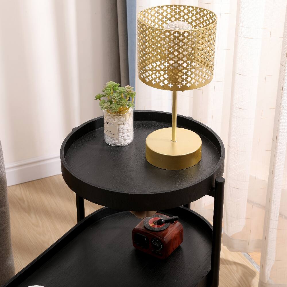 Alt View 4. Loheer - Loheer 2-Tier Black Side Table with Storage Metal Frame Wooden Desk End Table for Living Room - Black.