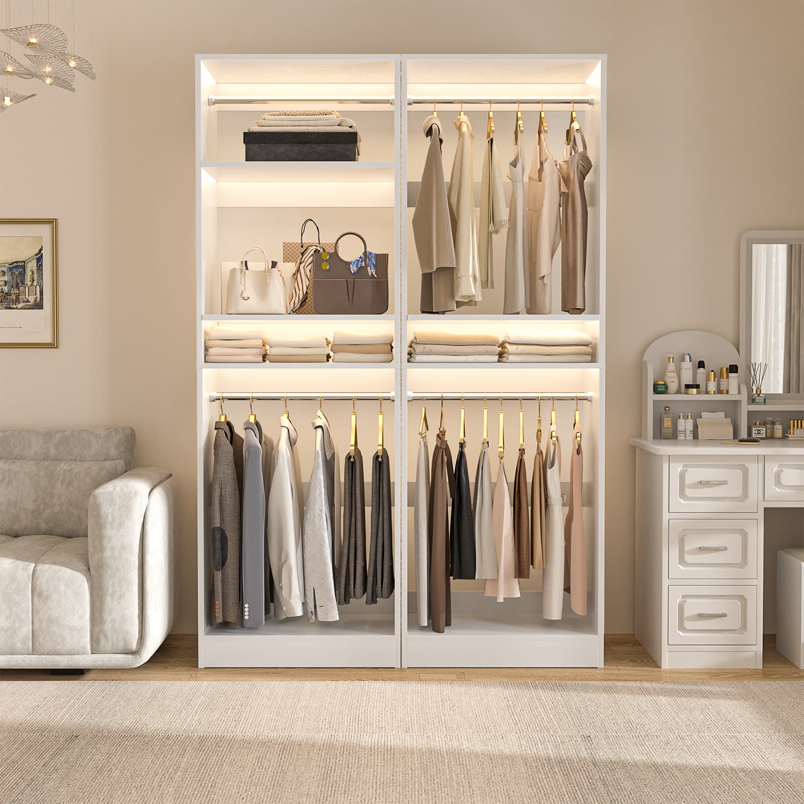 Aheaplus - 50'' Closet Organizer System, Set of 2, Walk-in Closet Storage & Organizer with 4 Hanging Rods and Adjustable Shelves - White