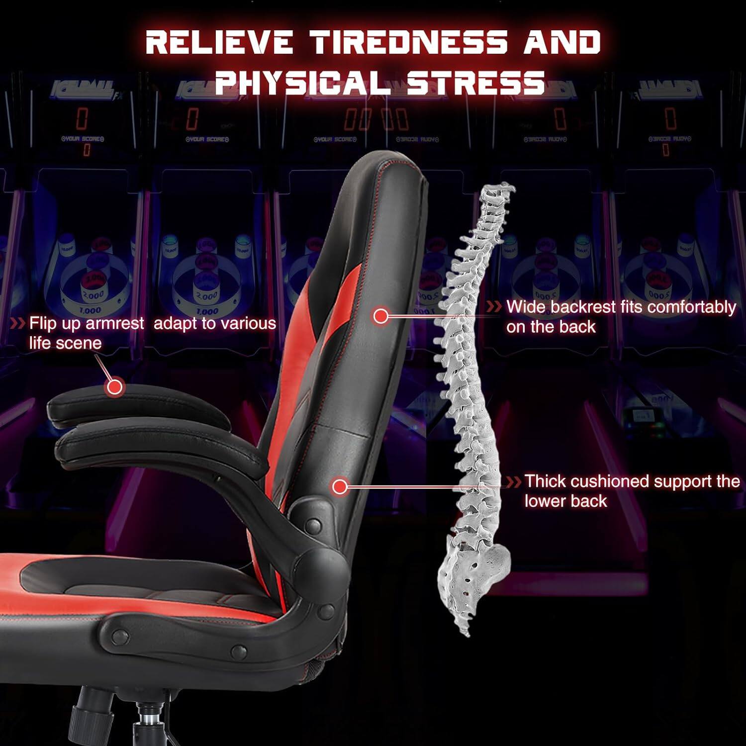 RELIEVE TIREDNESS AND PHYSICAL STRESS

- Flip up armrest adapt to various life scene
- Wide backrest fits comfortably on the back
- Thick cushioned support the lower back
