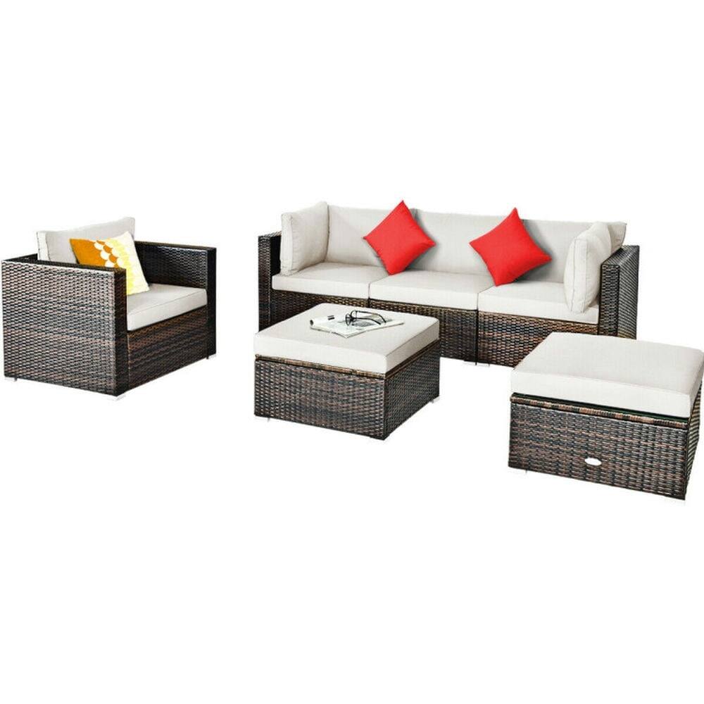 Alt View 4. Pefilos - 6 Pieces PE Rattan Furniture Set with Aluminum L-Shaped Footpads, Outdoor Conversation Set with Sectional Cushion - White.