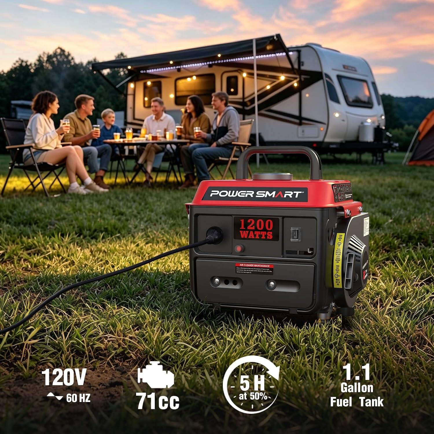 POWER SMART  
1200 WATTS  
120V 60 HZ  
71cc  
5H at 50%  
1.1 Gallon Fuel Tank