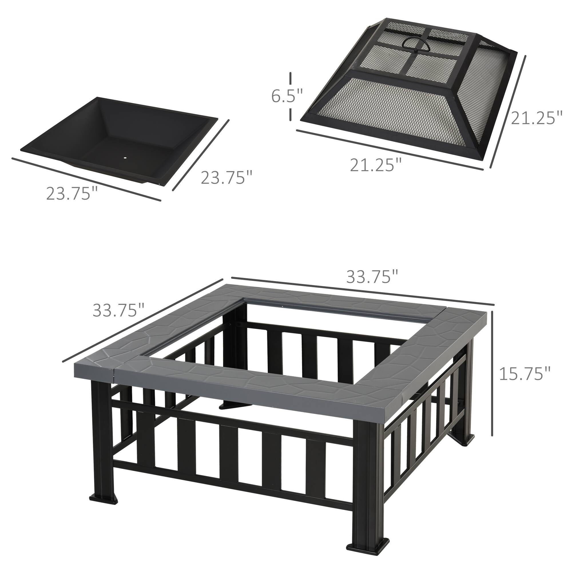 Sure, here is the corrected and grouped text from the image:

- **Dimensions of the grill:**
  - Length: 33.75"
  - Width: 15.75"
  - Height: 6.5"

- **Dimensions of the grill cover:**
  - Length: 21.25"
  - Width: 21.25"
  - Height: 6.5"

- **Dimensions of the grill grate:**
  - Length: 23.75"
  - Width: 23.75"