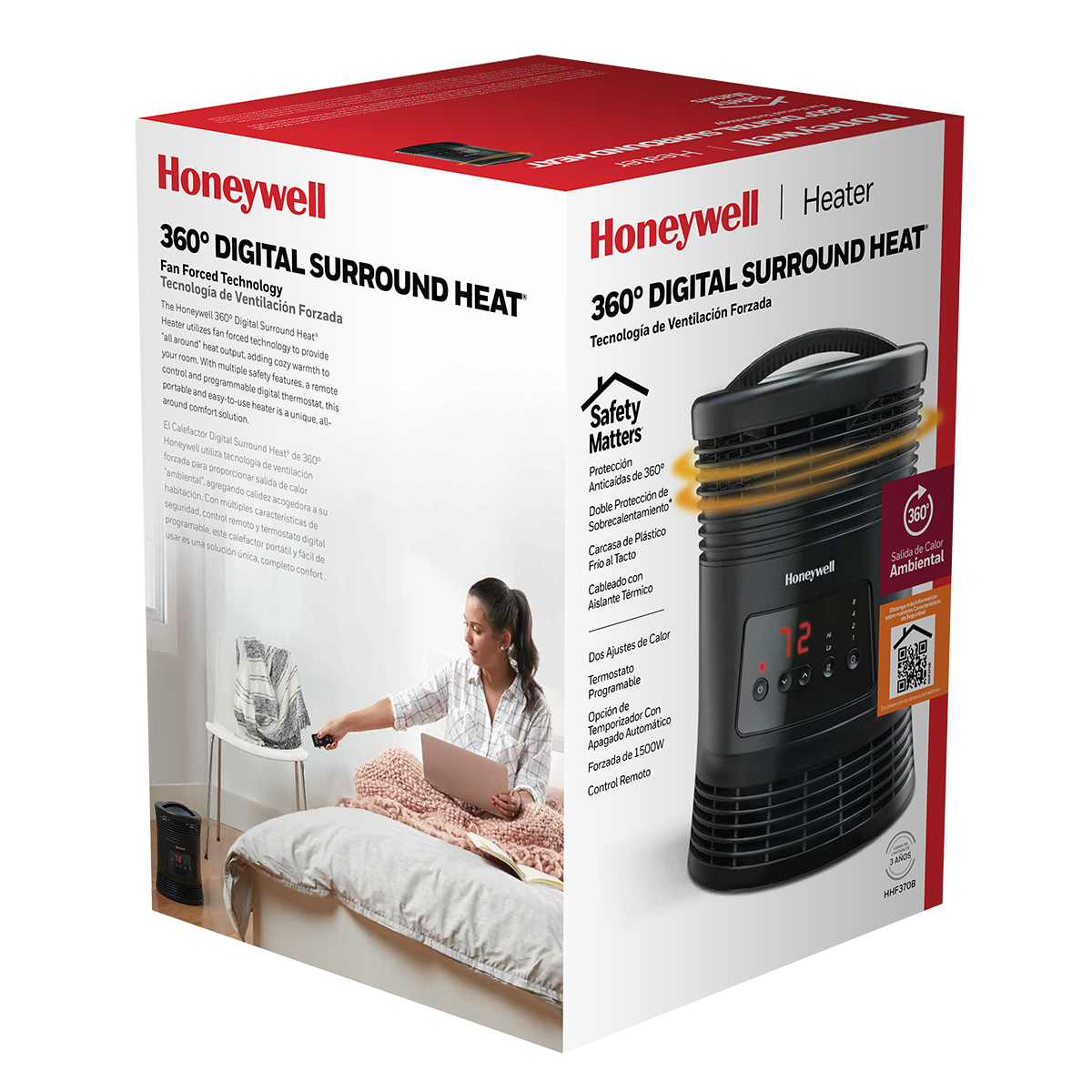 The image features a woman sitting on a bed, holding a laptop. She is using a Honeywell heater, which is placed on the floor next to her. The heater has a digital display and is designed to provide warmth and comfort. The box for the heater is also visible, indicating that it is a new purchase. The woman appears to be enjoying her time on the bed while using her laptop.