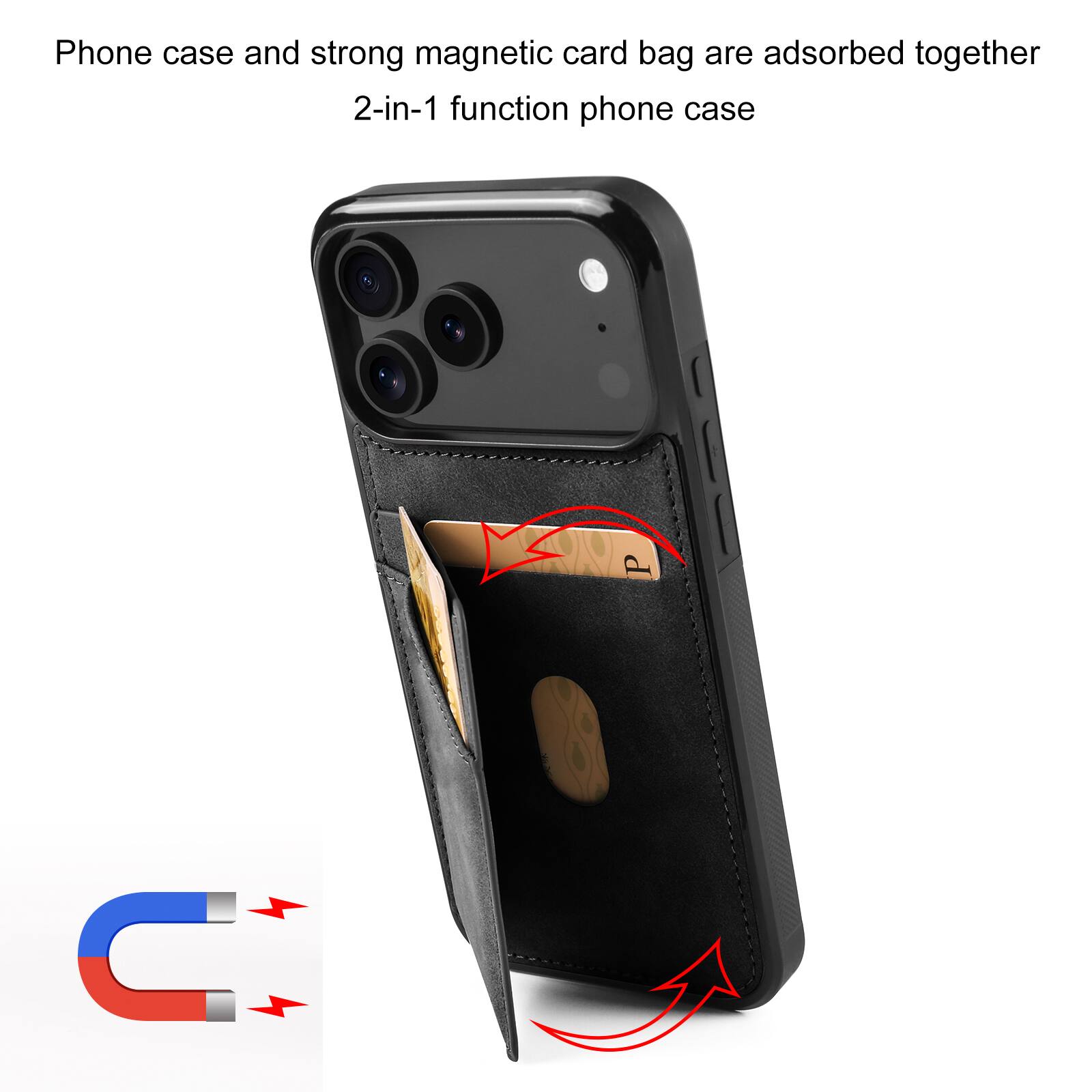 Phone case and strong magnetic card bag are adsorbed together  
2-in-1 function phone case
