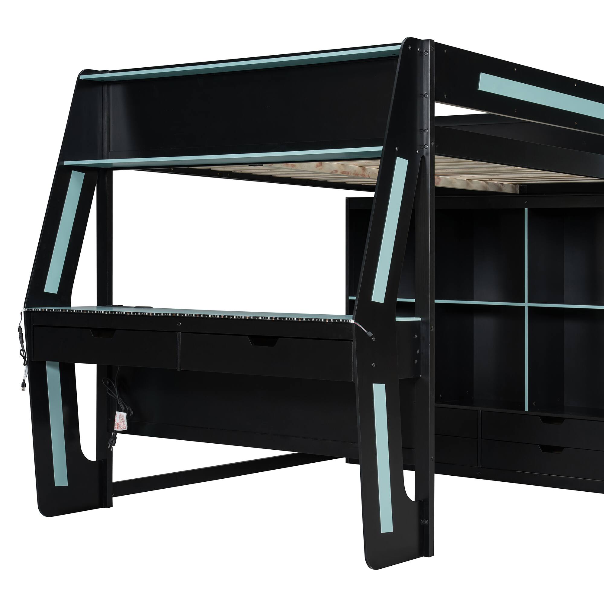 Alt View 1. Anysun - Full Gaming Loft Bed with Desk & RGB Lights - Wooden High Bed, 6 Storage Cubbies, 6 Drawers & Safety Staircase - Blue.