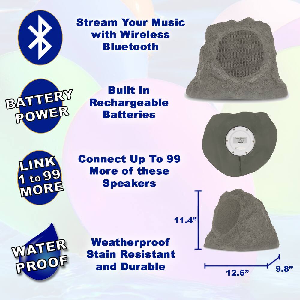 - Stream Your Music with Wireless Bluetooth
- Built In Rechargeable Batteries
- Connect Up To 99 More of these Speakers
- Weatherproof Stain Resistant and Durable
- BATTERY POWER
- LINK 1 to 99 MORE
- WATER PROOF

Dimensions:
- 11.4" (height)
- 12.6" (width)
- 9.8" (depth)