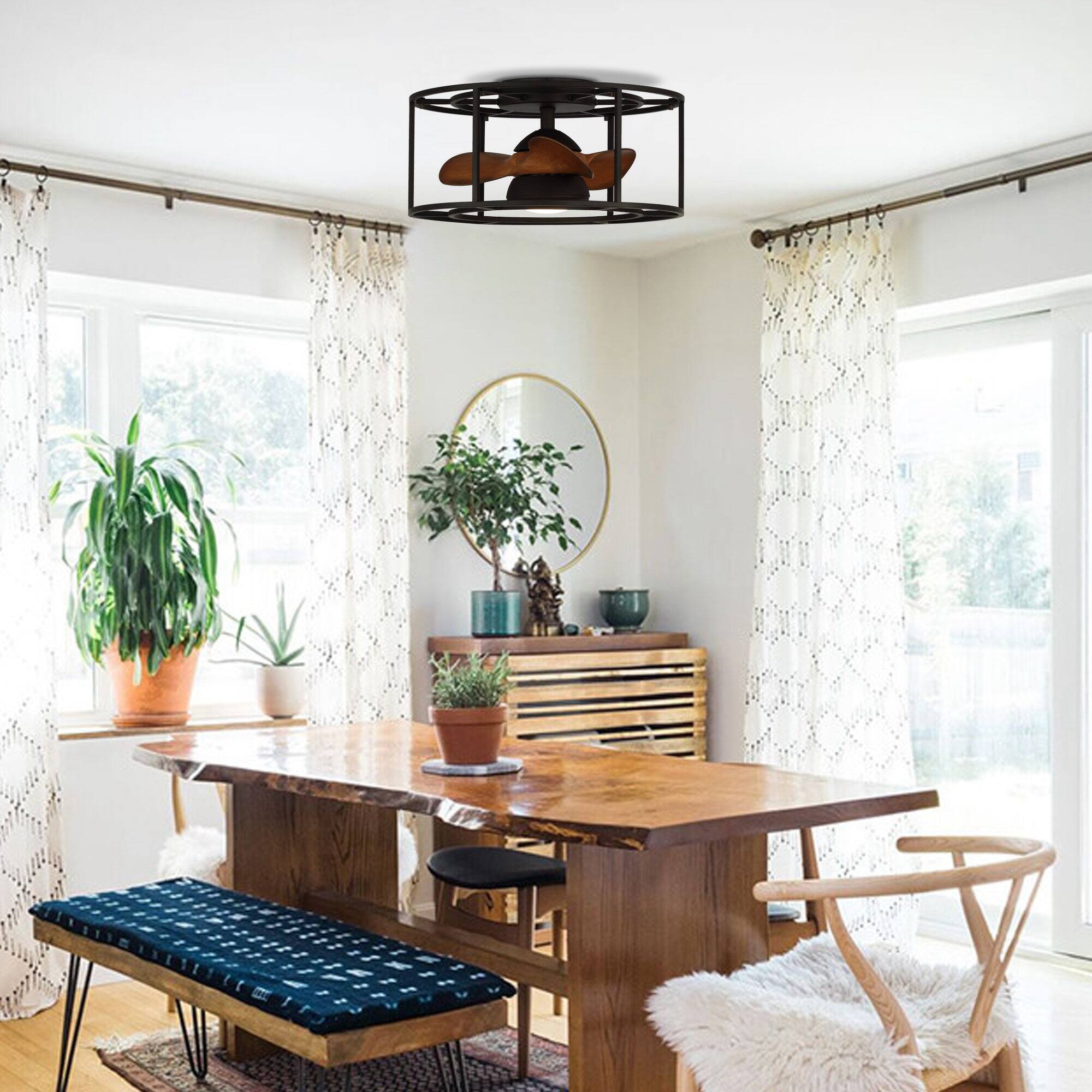 Left. Parrot Uncle - 20" Industrial Metal Caged Low Profile Ceiling Fan with Light - Matte Black.