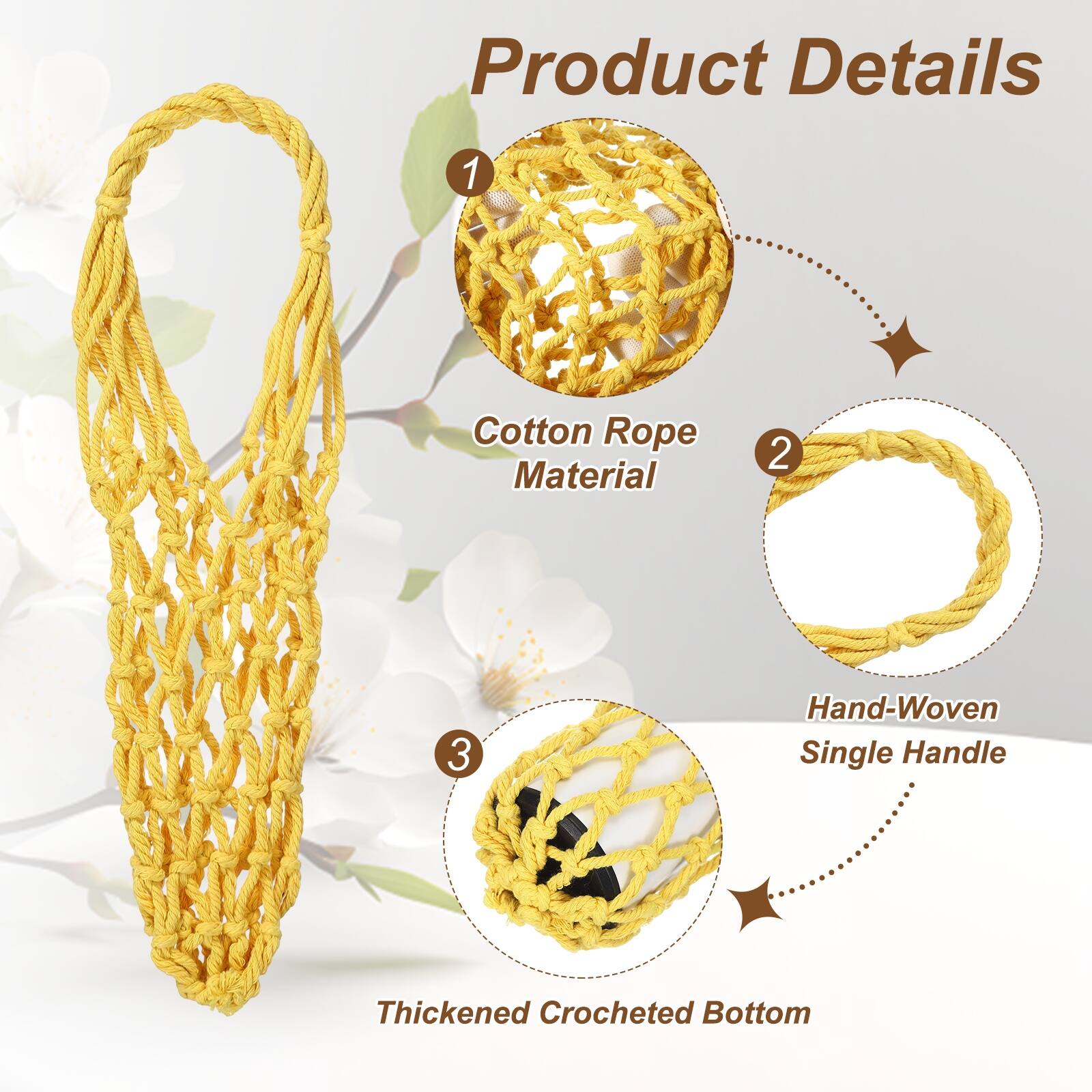 Product Details

1. Cotton Rope Material
2. Hand-Woven Single Handle
3. Thickened Crocheted Bottom