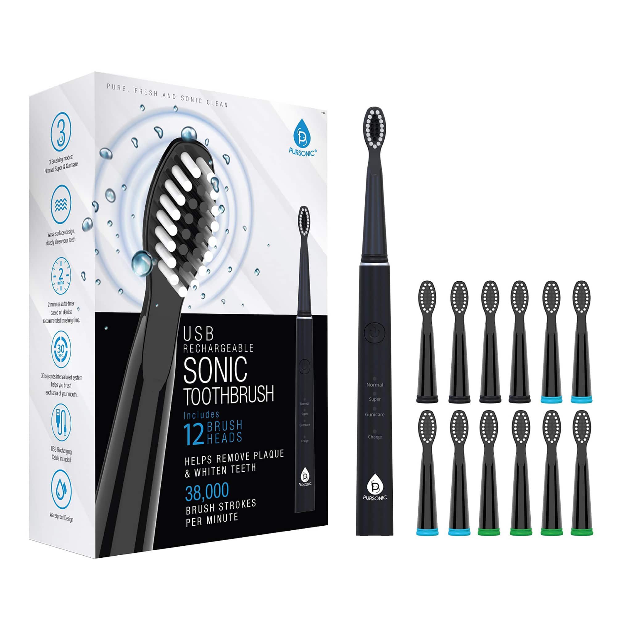 Pursonic - USB Rechargeable Electric toothbrush with 12 Brush Heads - Black