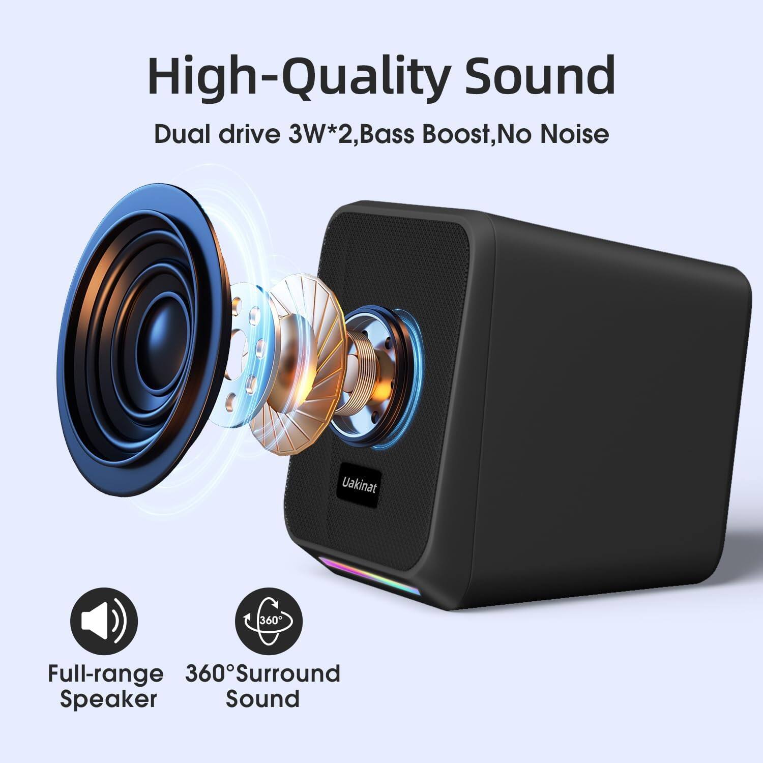 High-Quality Sound  
Dual drive 3W*2, Bass Boost, No Noise  

Full-range Speaker  
360° Surround Sound