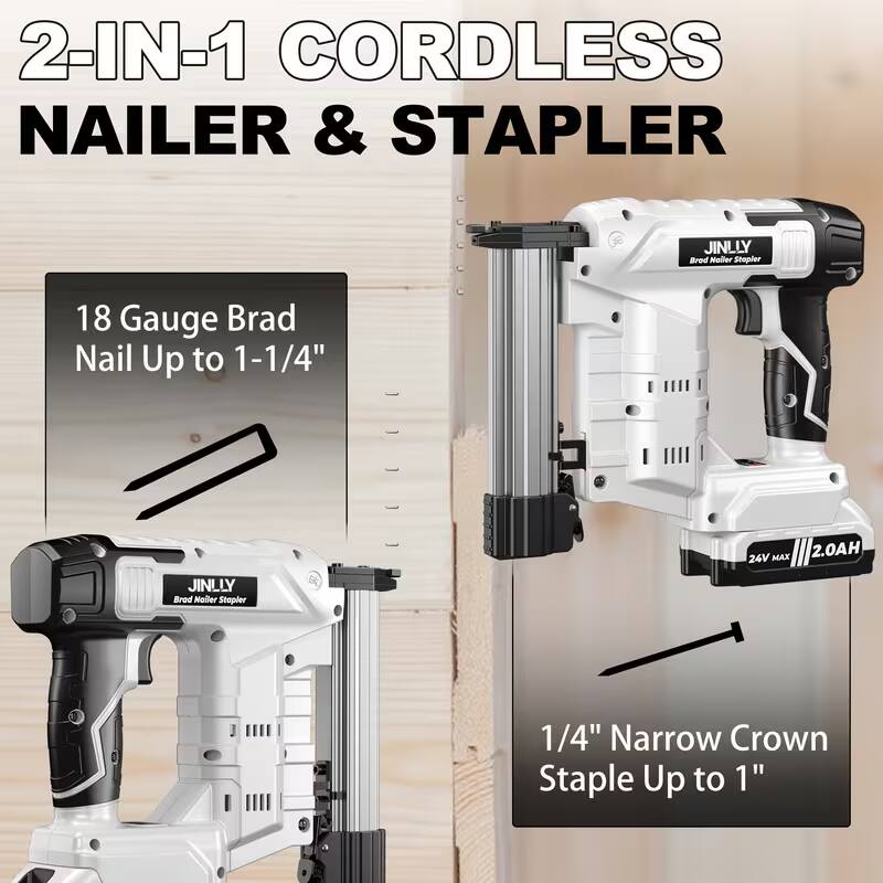 2-IN-1 CORDLESS NAILER & STAPLER

18 Gauge Brad Nail Up to 1-1/4"

1/4" Narrow Crown Staple Up to 1"