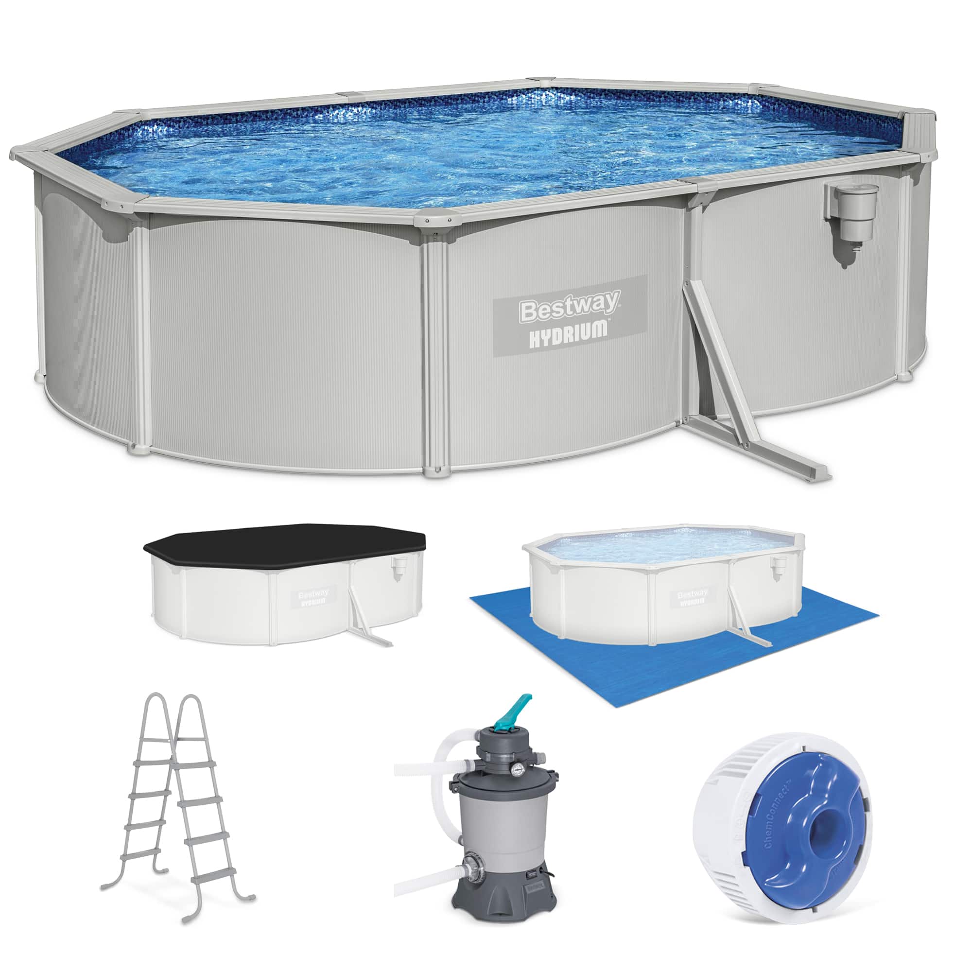 Bestway - Hydrium 16’5” x 12’ x 48” Steel Wall Oval Above Ground Swimming Pool Set - Gray