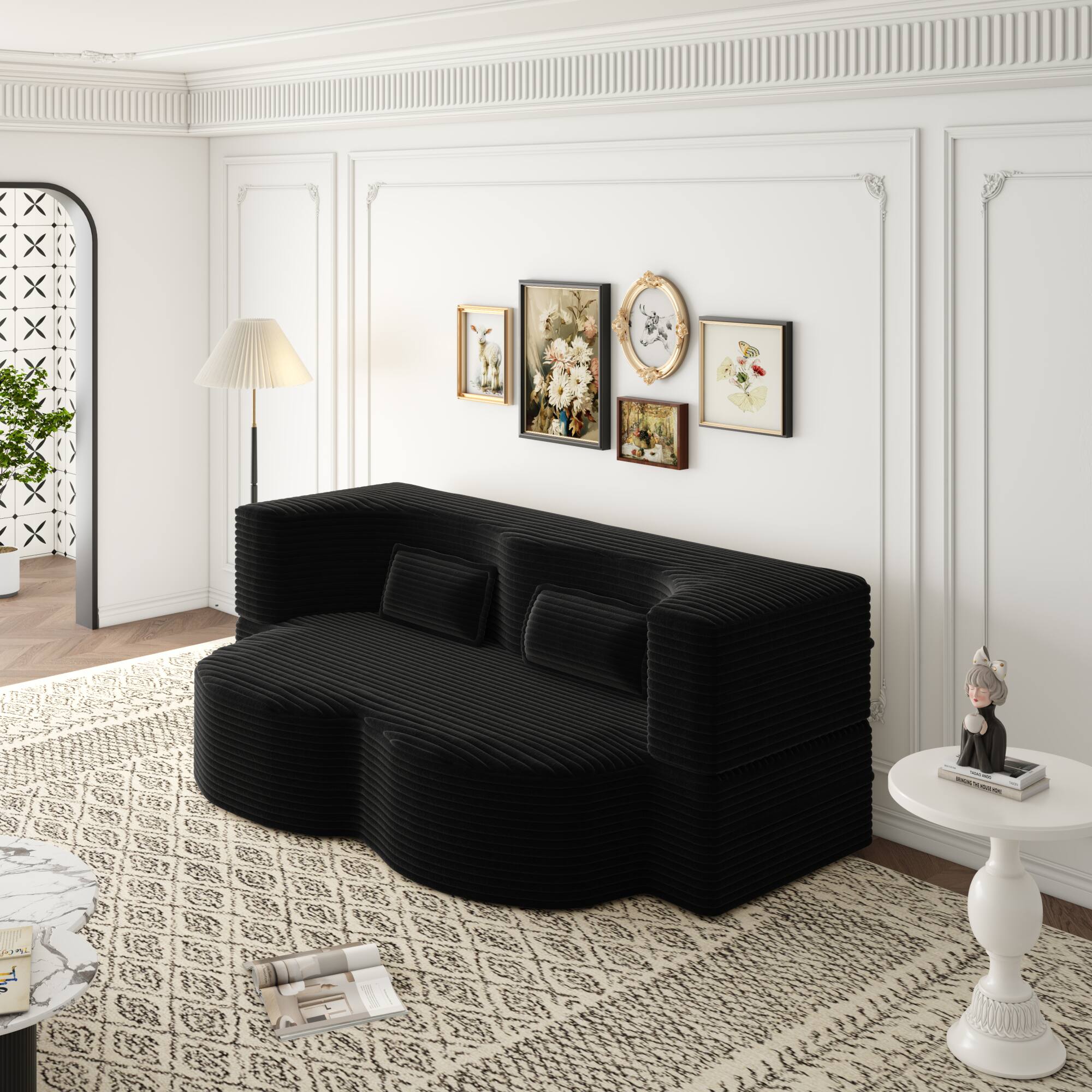 Back. GOODSILO - Convertible Plush Corduroy Floor Sleeper Sofa with Dual Pillows for Living Room and Guest Use - Black.