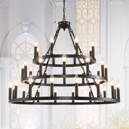 Loheer - Three Tier Farmhouse Chandelier, Black Metal Wagon Wheel Design for High Ceilings