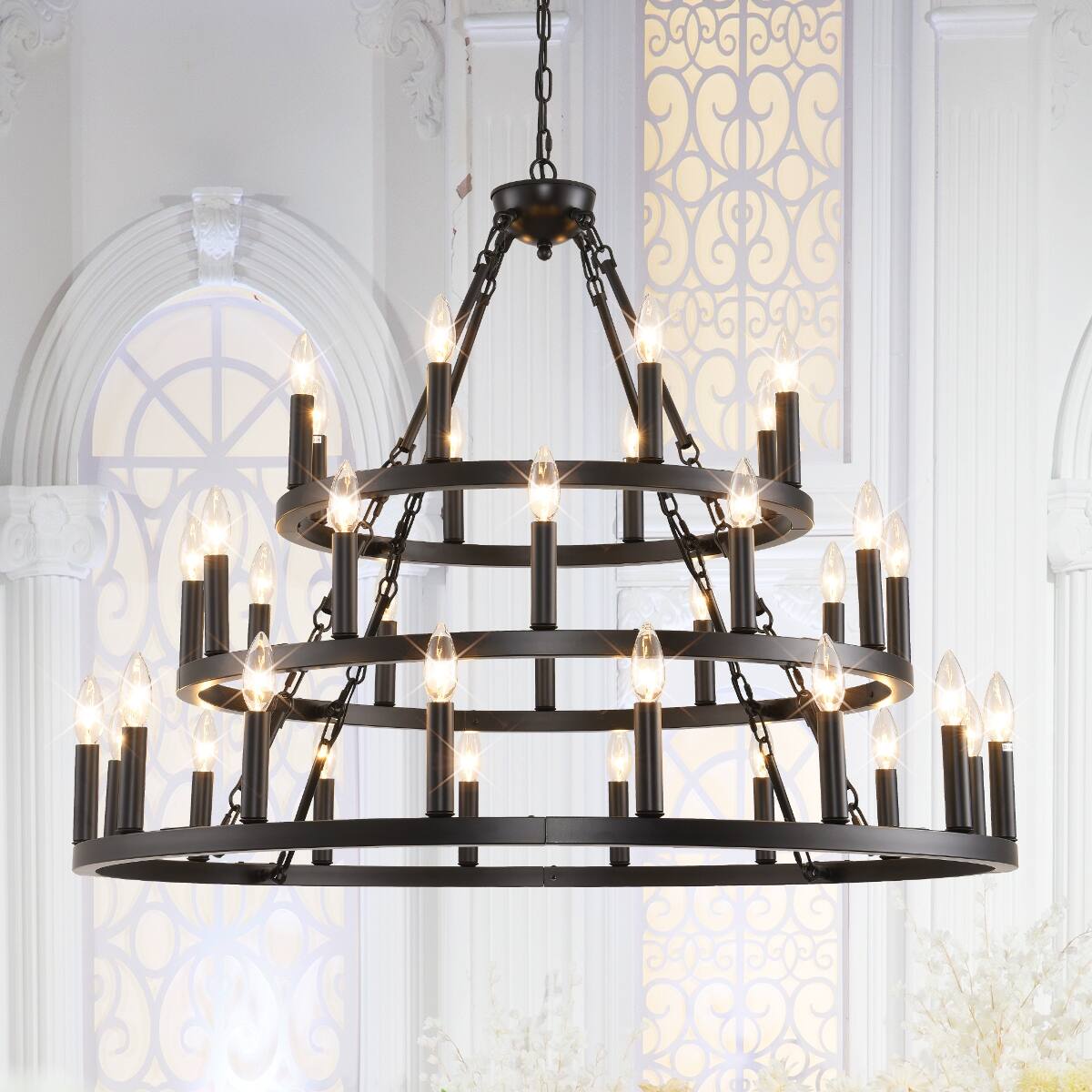 Front. Loheer - Loheer Three Tier Farmhouse Chandelier, Black Metal Wagon Wheel Design for High Ceilings.