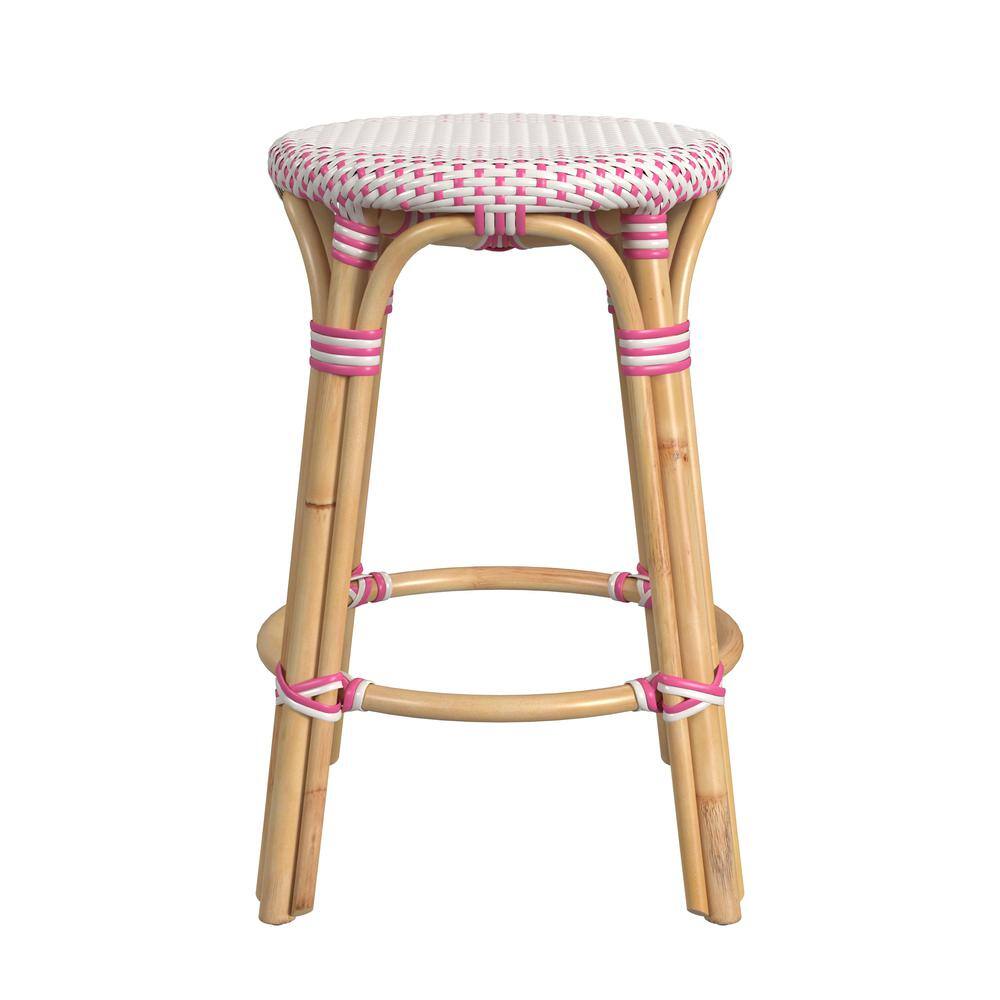 Alt View 2. Butler Specialty - Tobias Rattan Round 24" Counter Stool - White And Pink Dot.