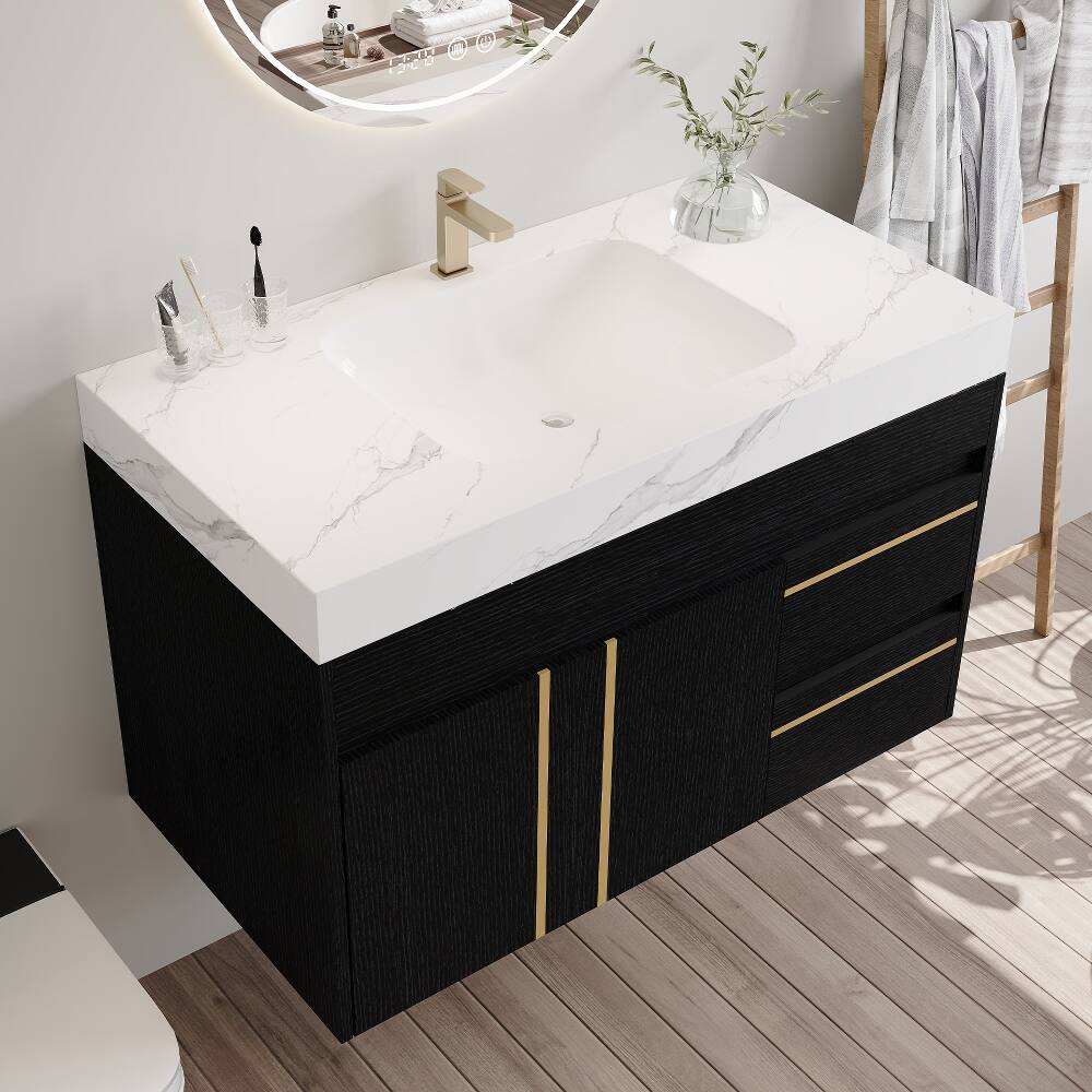 Back. Loheer - Loheer 36 inch floating bathroom vanity with ceramic sink and sintered stone top, black and white - Black, White.