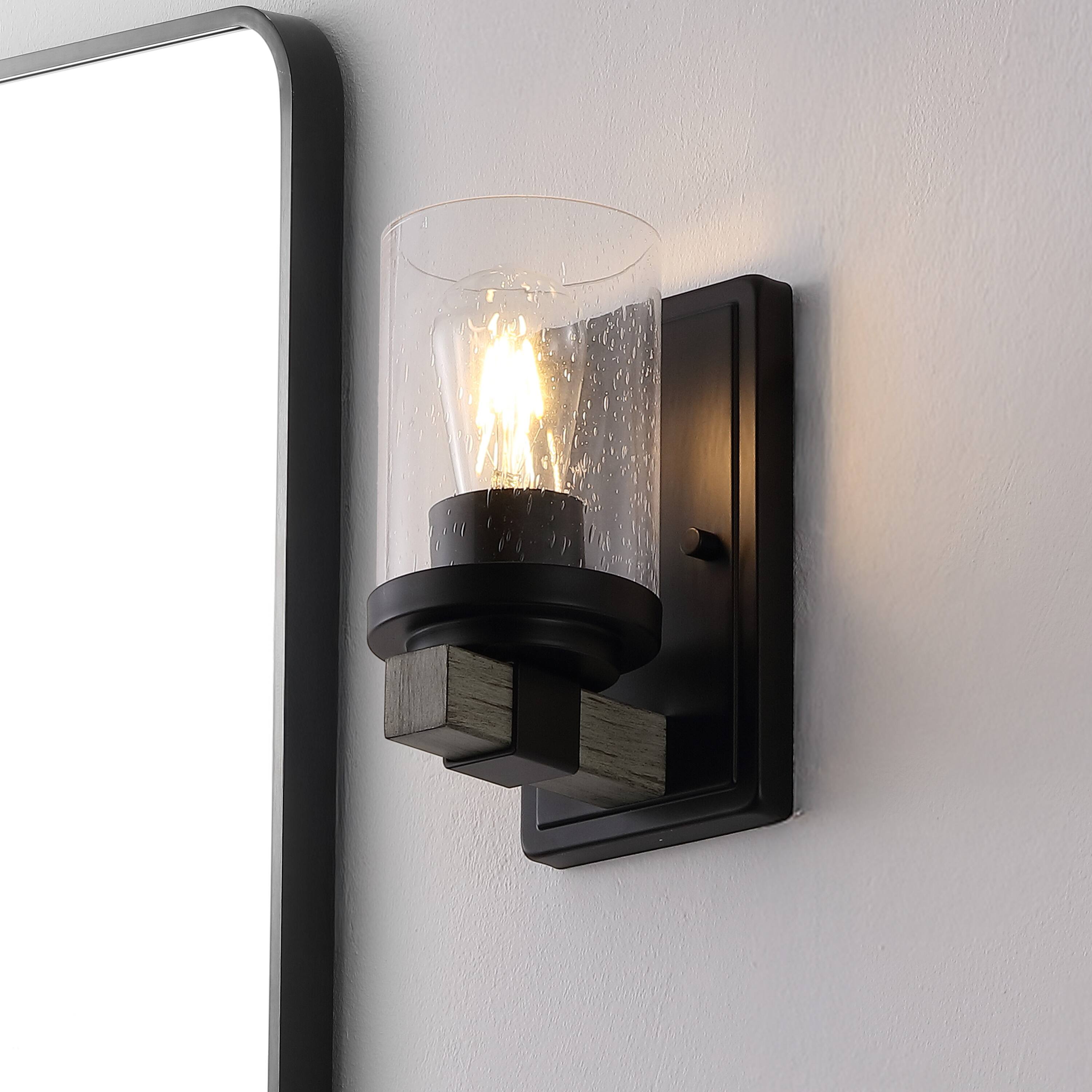 Alt View 1. Jonathan Y - Bungalow 4.5" 1-Light Iron/Seeded Glass Rustic Farmhouse LED Vanity Light, Black/Gray Oak Wood Finish - Black/Gray Oak Wood Finish.