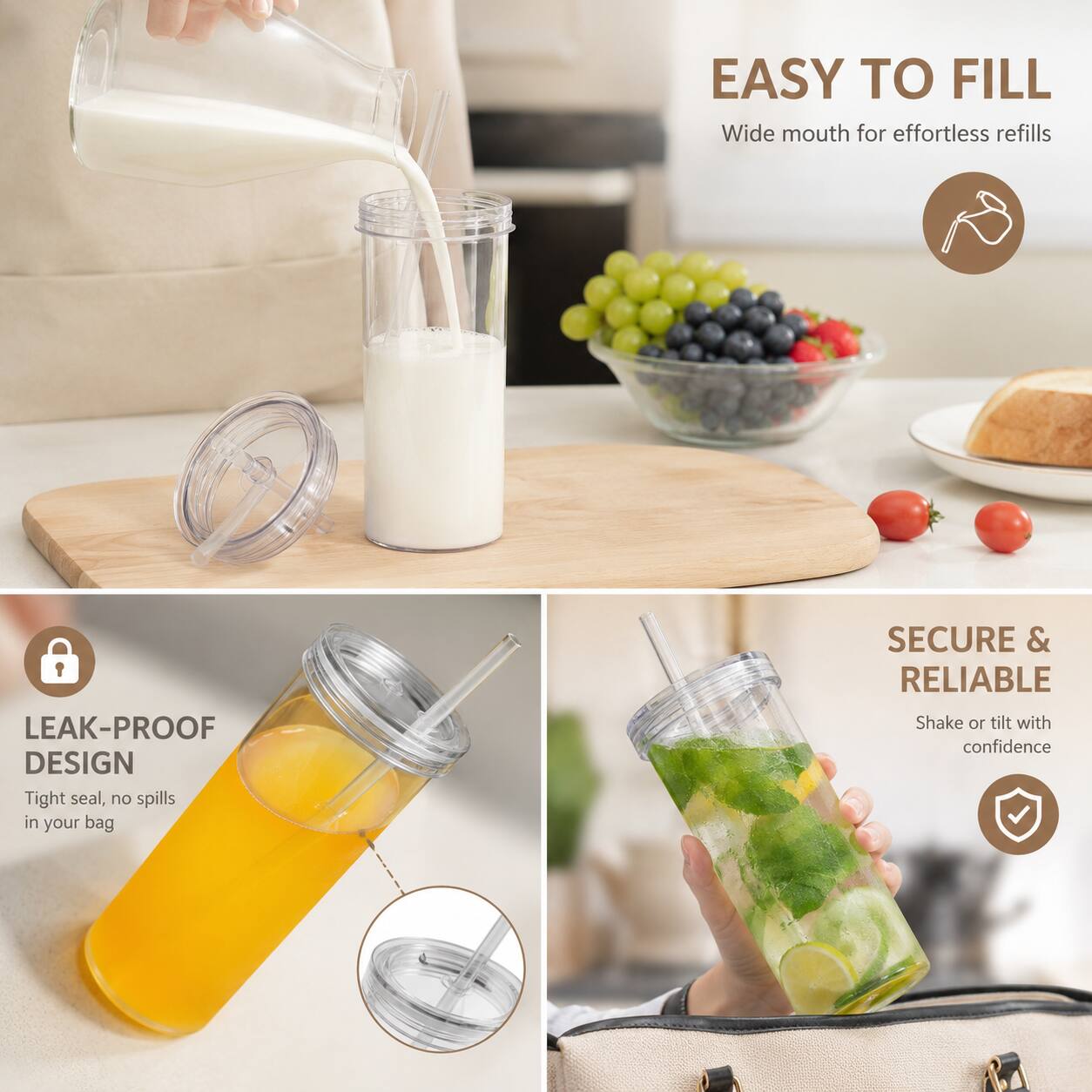 EASY TO FILL  
Wide mouth for effortless refills  

LEAK-PROOF DESIGN  
Tight seal, no spills in your bag  

SECURE & RELIABLE  
Shake or tilt with confidence