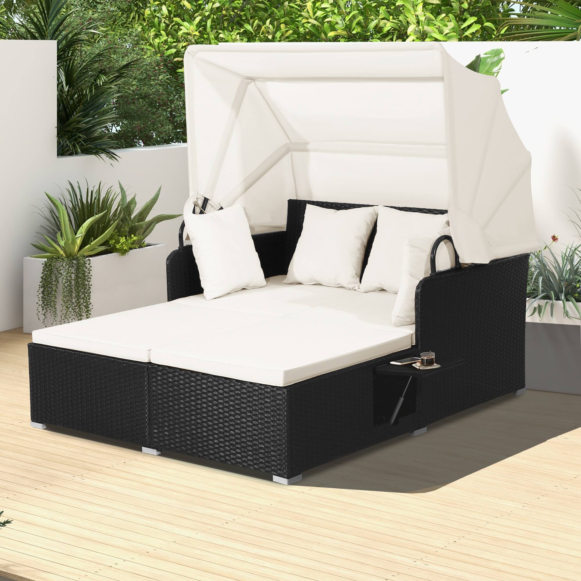 Alt View 3. Costway - Patio Rattan Daybed Lounge Retractable Top Canopy Side Tables Cushions - Off White.