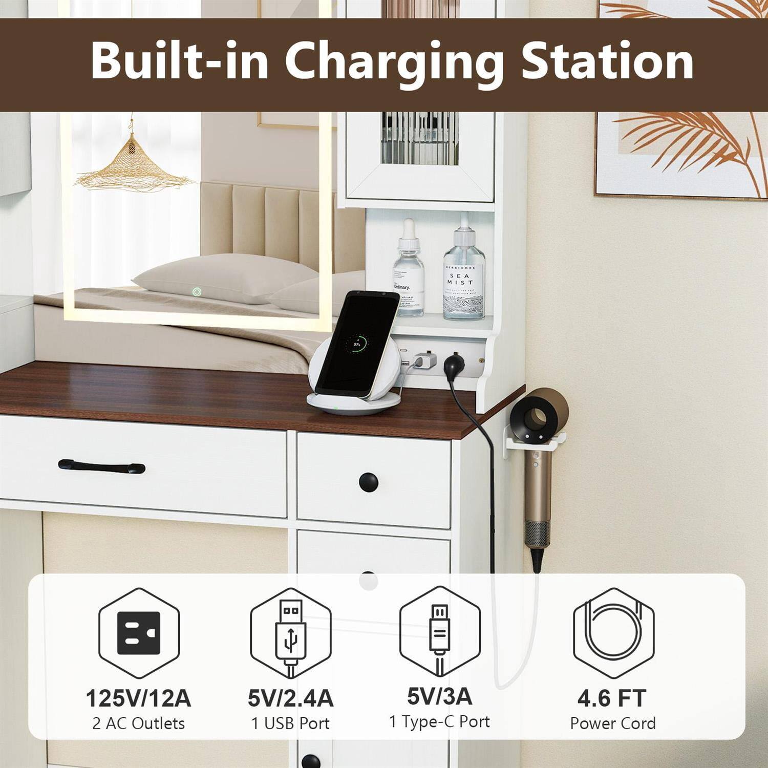 Built-in Charging Station EUU! LEA - A - MIST 0.125V/12A 2 AC Outlets 5V/2.4A 1 USB Port 5V/3A 1 Type-C Port 4.6 FT Power Cord