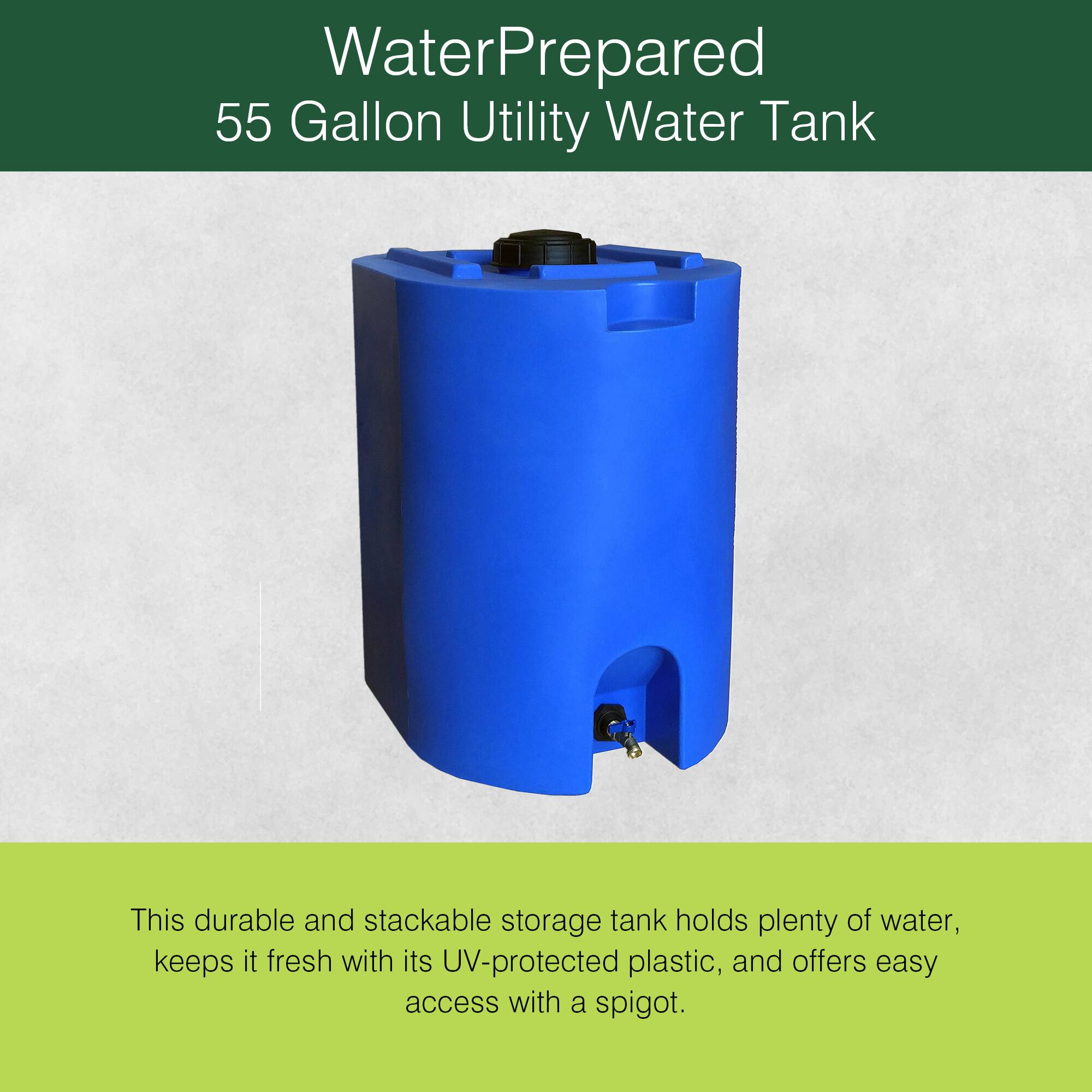 WaterPrepared  
55 Gallon Utility Water Tank  

This durable and stackable storage tank holds plenty of water, keeps it fresh with its UV-protected plastic, and offers easy access with a spigot.