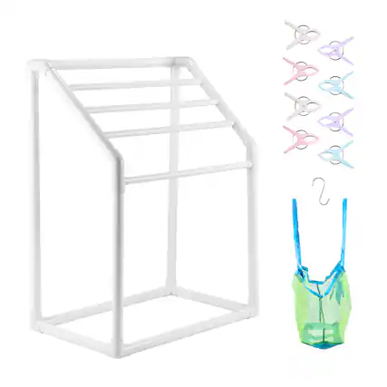 Front. VEVOR - Towel Rack, 5 Bars Outdoor PVC Towel Holder, Freestanding Pool Towel Hanger Stand with Clips, Bag & Hook - White.