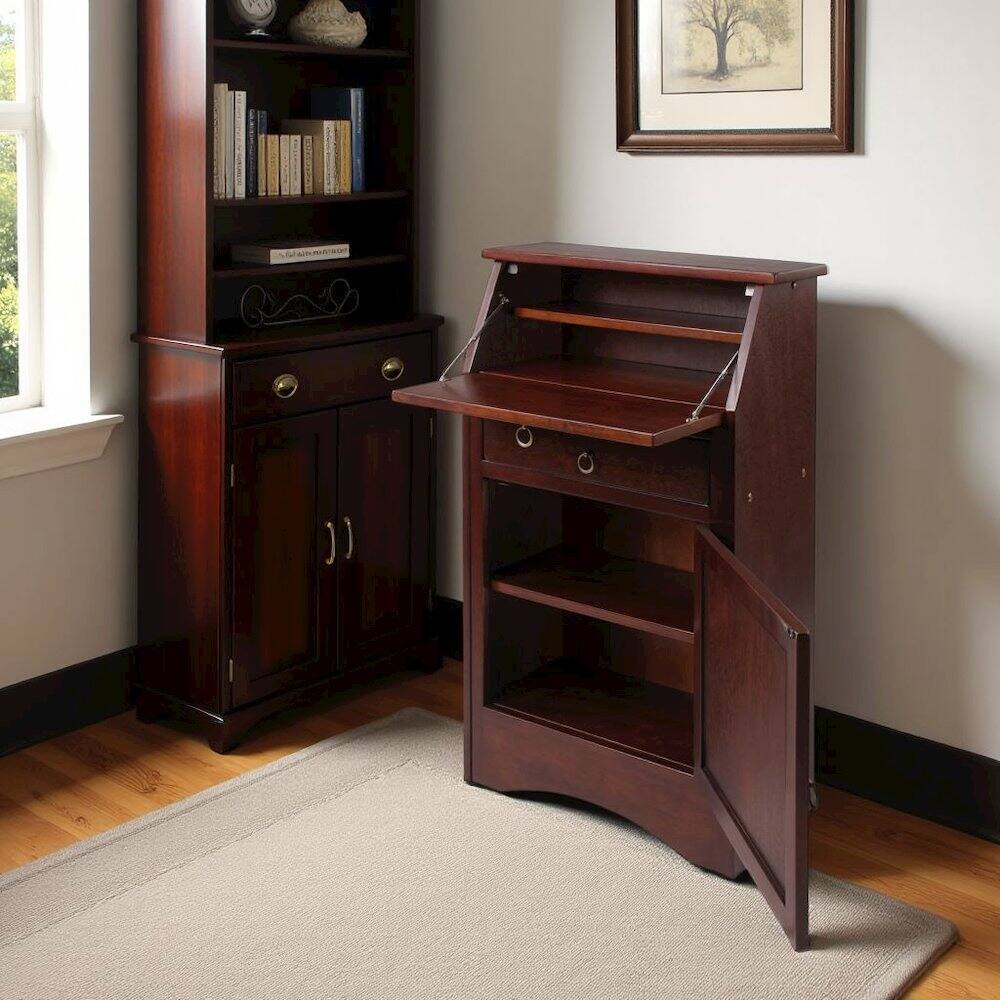Alt View 2. FurniFact - Walnut Secretary Desk – Classic Roll Top Hidden Desk with Storage - Walnut.