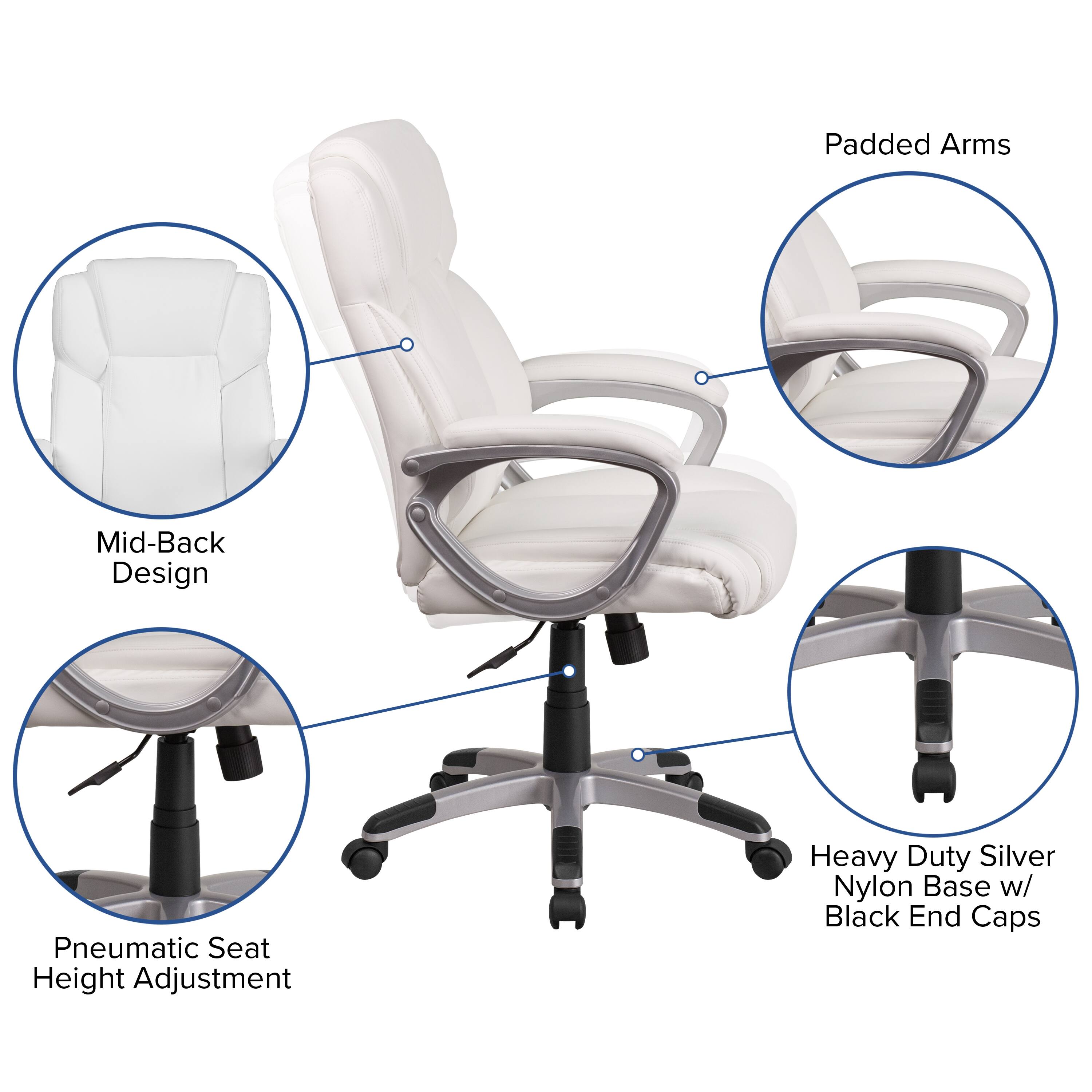 Padded Arms  
Mid-Back Design  
Pneumatic Seat Height Adjustment  
Heavy Duty Silver Nylon Base w/ Black End Caps
