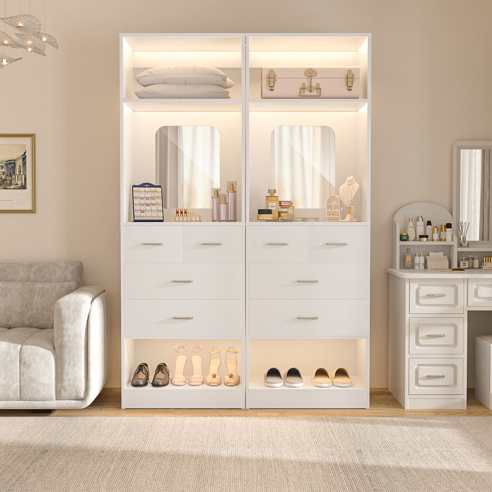 Aheaplus - 4.2FT Heavy Duty Wardrobe System with 8 Drawers and Mirrors, Modular Closet System for Closet/Bedroom, Sturdy & Stable - White price history on PriceWatchPro