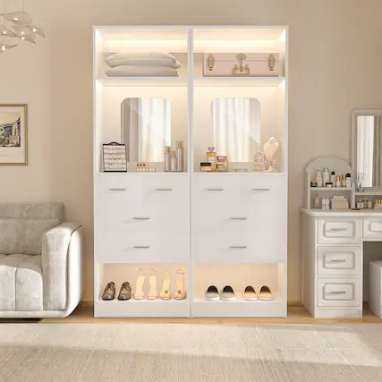 Front. Aheaplus - 4.2FT Heavy Duty Wardrobe System with 8 Drawers and Mirrors, Modular Closet System for Closet/Bedroom, Sturdy & Stable - White.