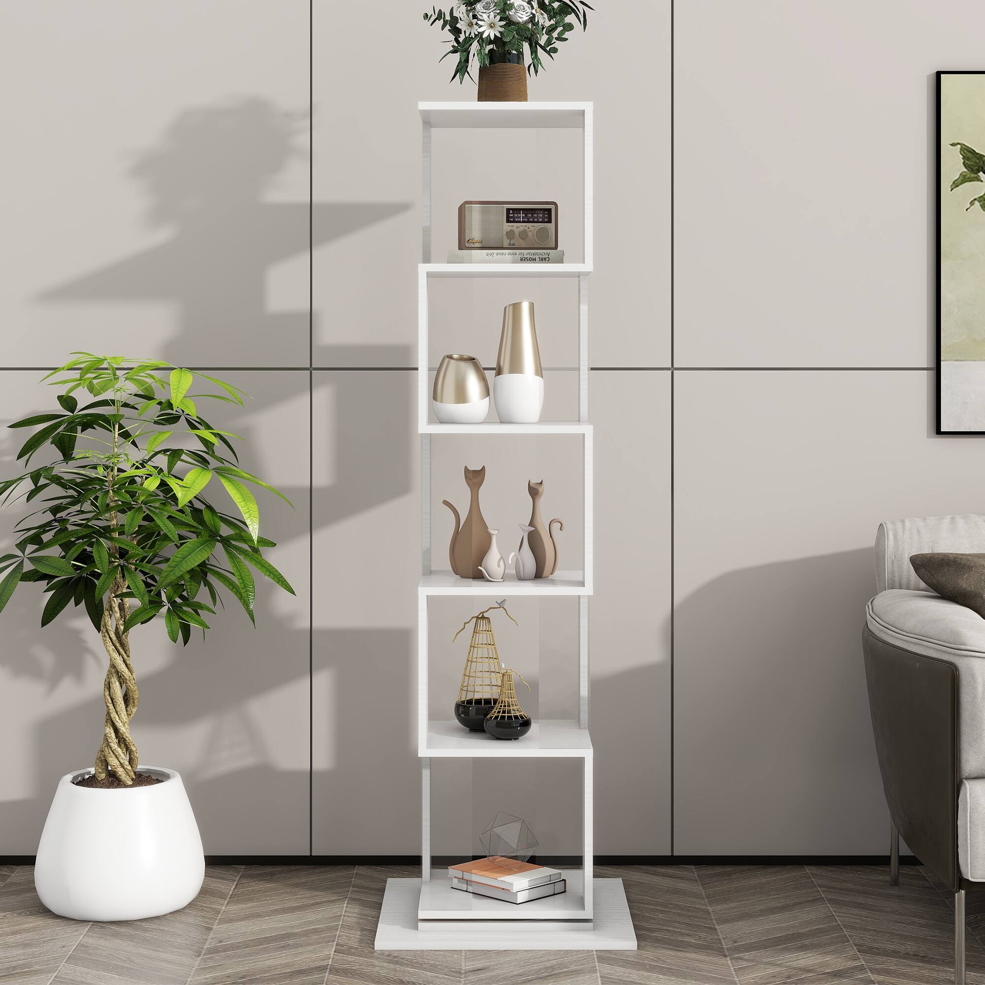 Alt View 4. Tiramisubest - 5 Tier Rotating Bookshelf,Floor Rack Simple Bookcase,Multi-Function Creative Bookshelf with anti-toppling base,White - White.
