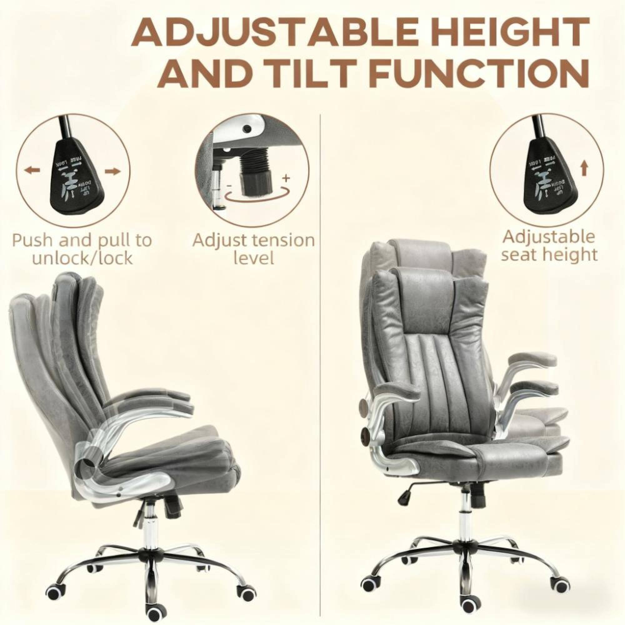 ADJUSTABLE HEIGHT AND TILT FUNCTION

- Push and pull to unlock/lock
- Adjust tension level
- Adjustable seat height