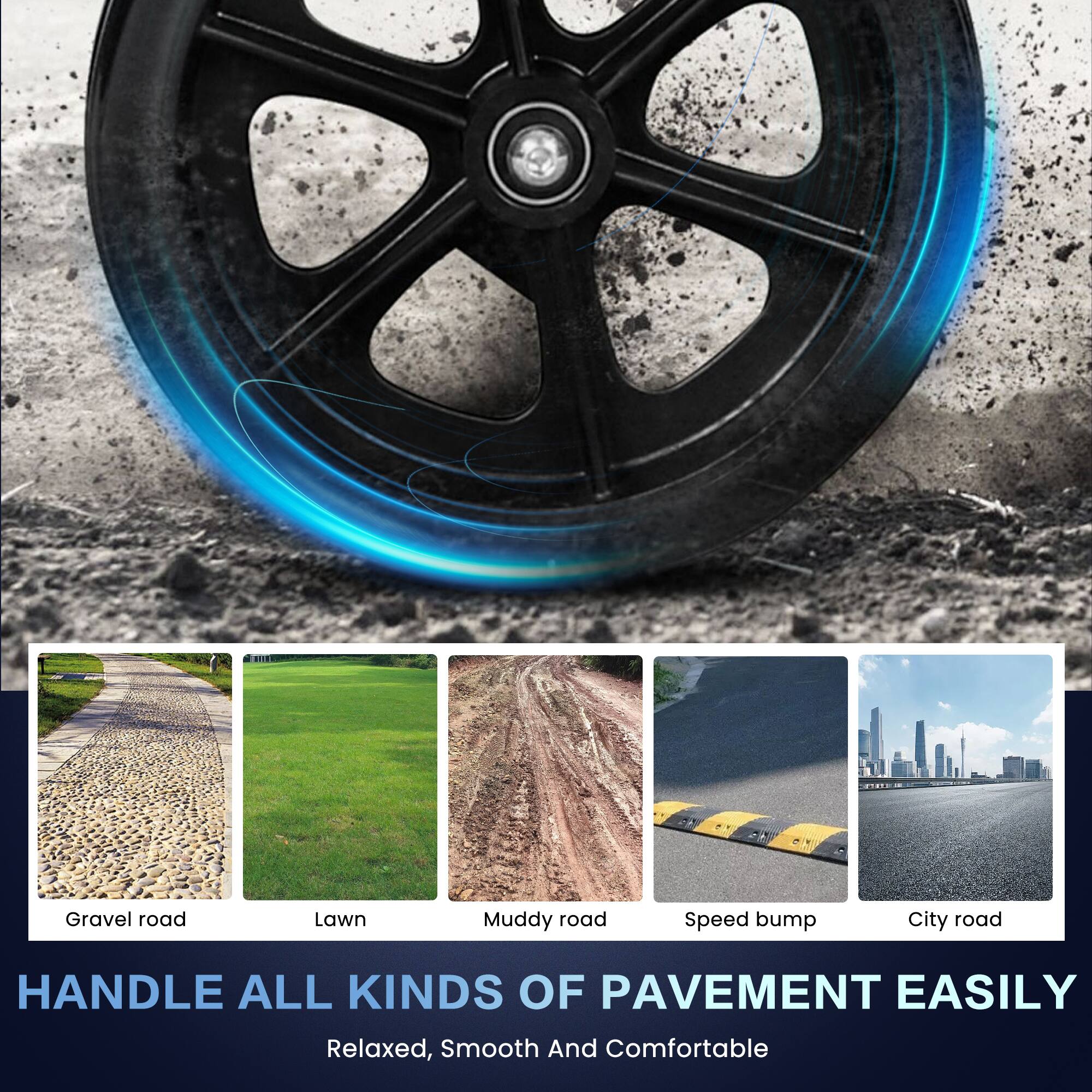 Gravel road  
Lawn  
Muddy road  
Speed bump  
City road  

HANDLE ALL KINDS OF PAVEMENT EASILY  

Relaxed, Smooth And Comfortable