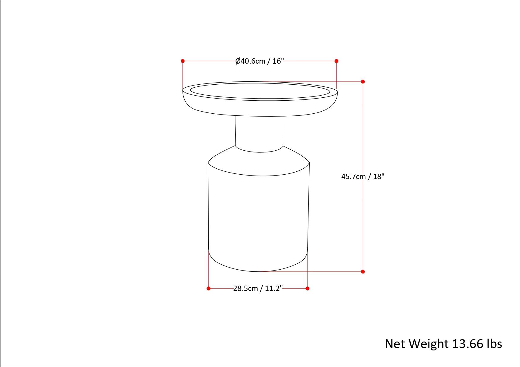 - Diameter: 40.6 cm / 16"
- Height: 45.7 cm / 18"
- Base Diameter: 28.5 cm / 11.2"
- Net Weight: 13.66 lbs