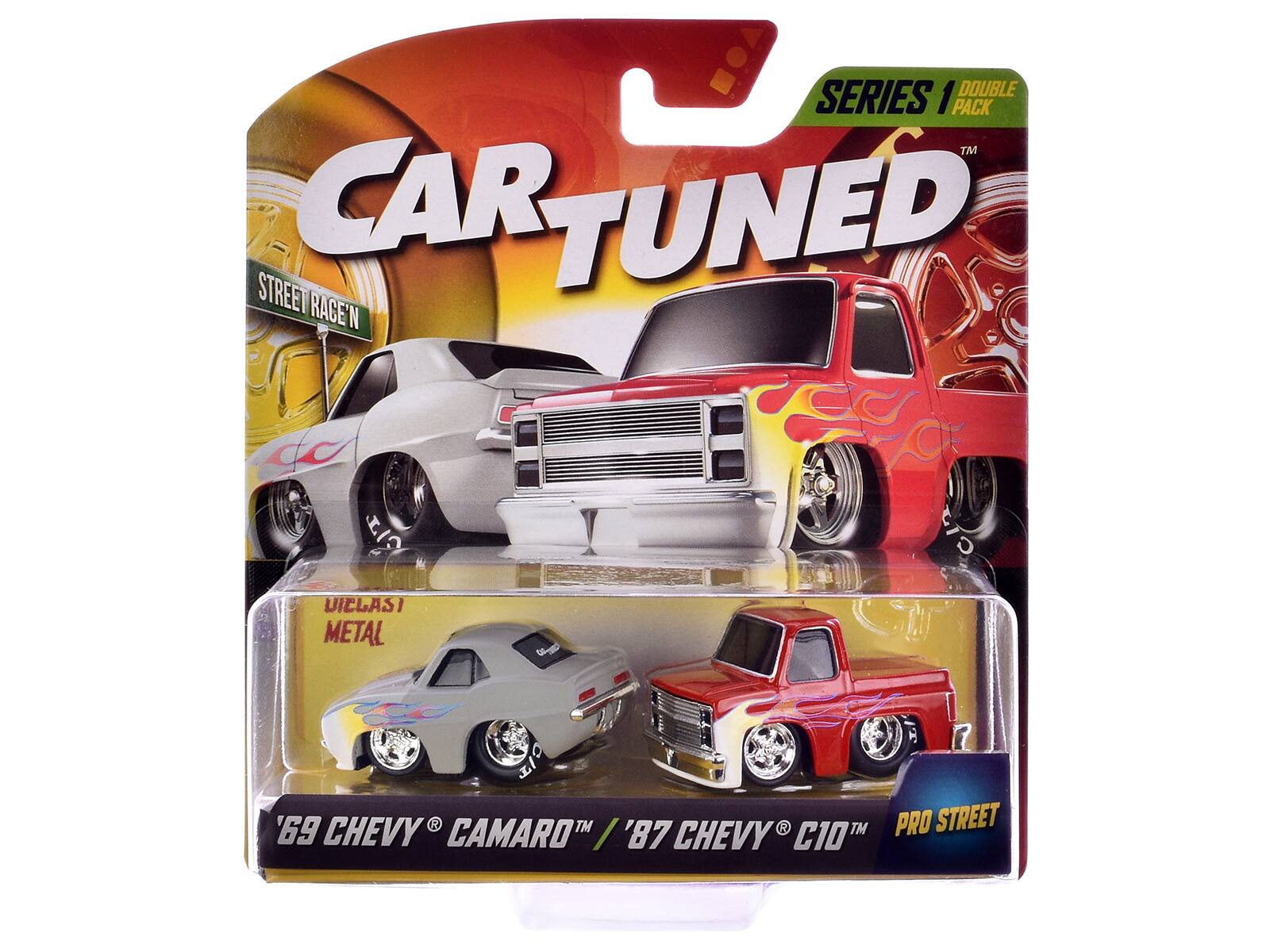SERIES 1 DOUBLE PACK  
CAR TUNED  
STREET RACE'N  
VICLASI METAL  
'69 CHEVY CAMARO  
'87 CHEVY C10  
PRO STREET