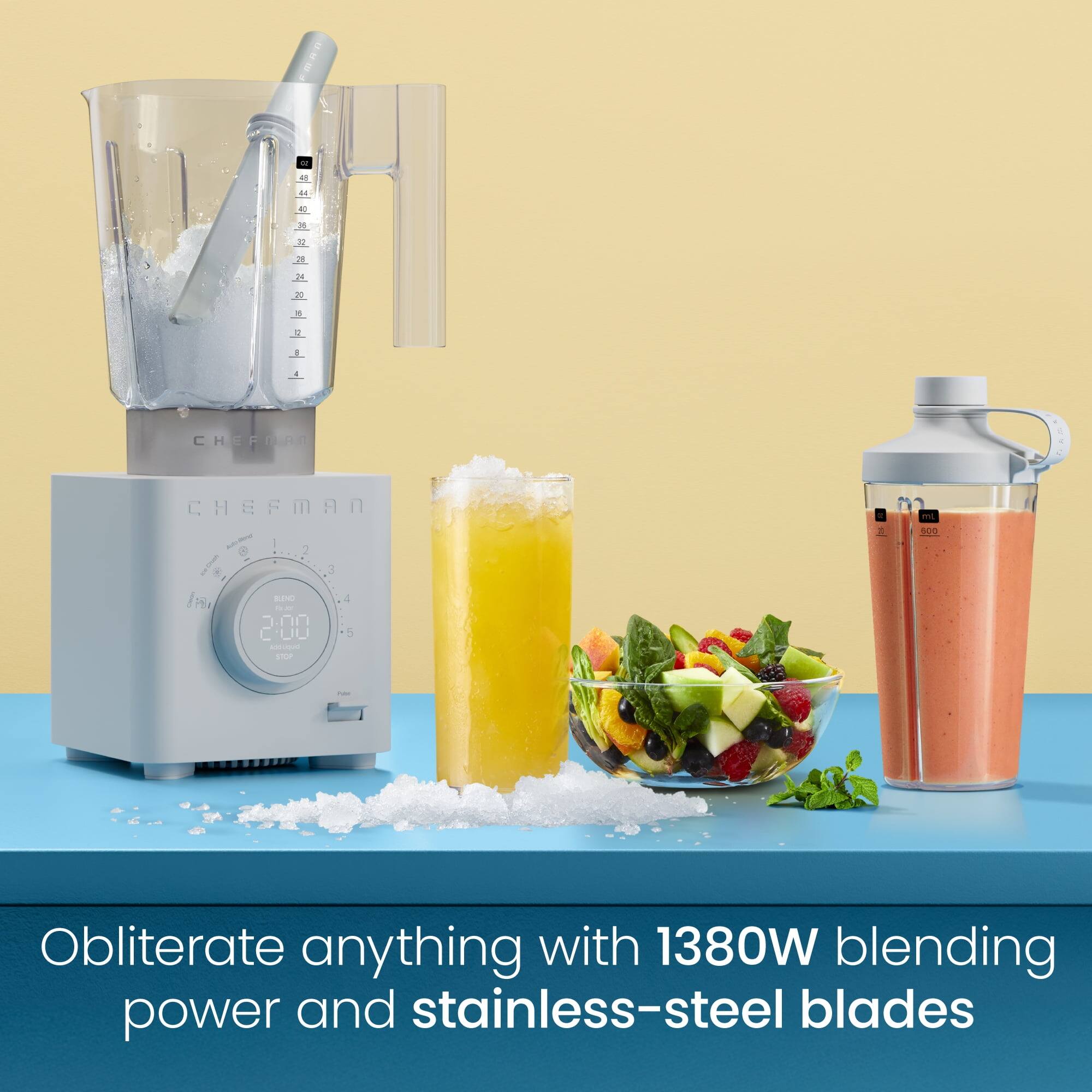 Obliterate anything with 1380W blending power and stainless-steel blades