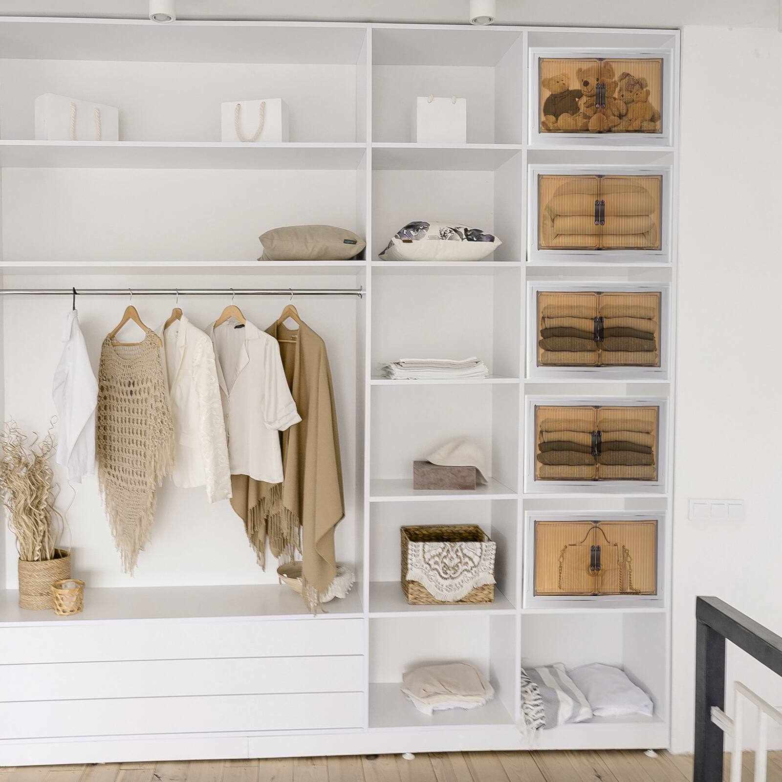 Back. Malletson - Tall Narrow Storage Cabinet with Doors, Wardrobe Organizer for Clothes With Wheels, Toys, Pantry Food Storage, Kitchen - White.