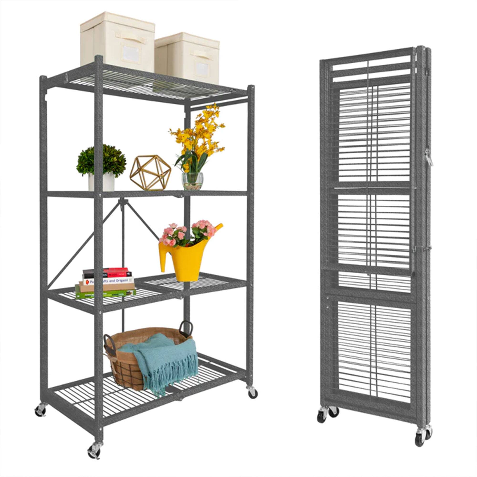 Alt View 7. Origami - Origami 4 Tier Multipurpose Folding Storage Organizing Rack with Wheels, Gray - Pewter.