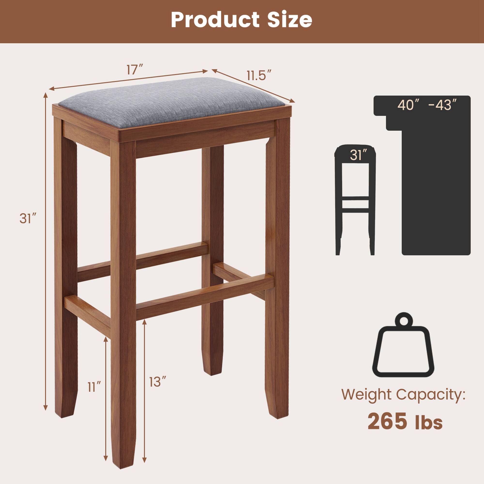 Product Size: 17" x 11.5" x 40" - 43" x 31" x 11"
Weight Capacity: 265 lbs