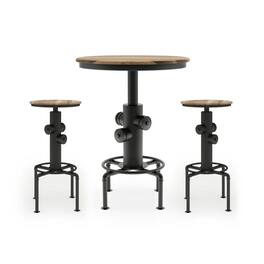 Manhattan Lane - Ges 3pc Bar Table and Swivel Stool Set, 32 Inch Round Top, Black Metal - Black, Natural Brown