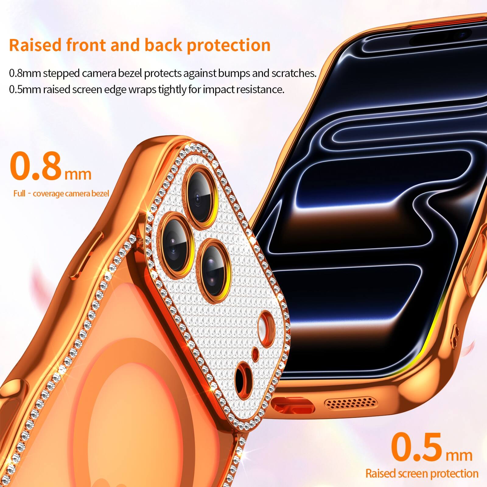 Raised front and back protection  
0.8mm stepped camera bezel protects against bumps and scratches.  
0.5mm raised screen edge wraps tightly for impact resistance.  

0.8mm Full-coverage camera bezel  
0.5mm Raised screen protection