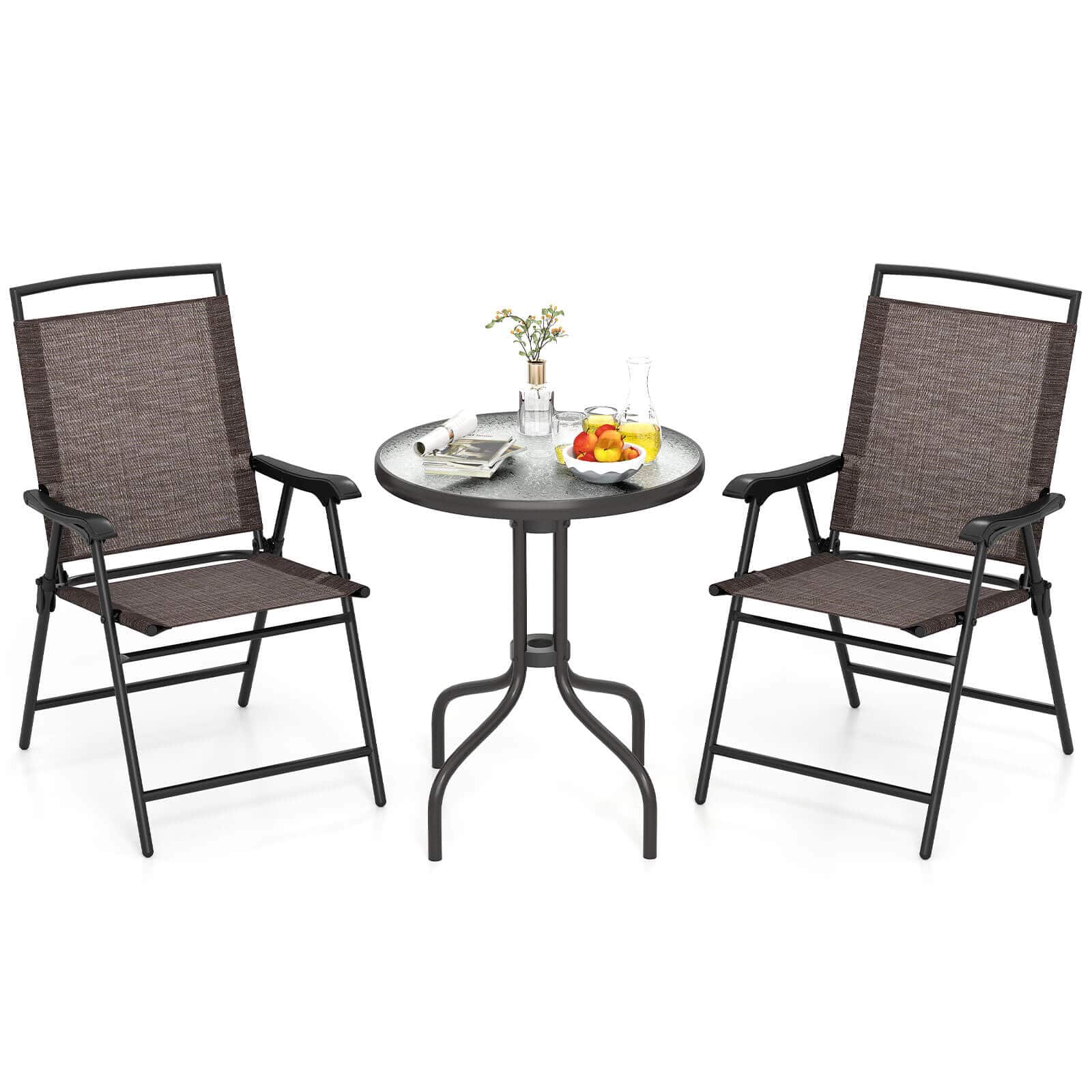 Costway - 3 PCS Outdoor Bistro Dining Furniture Set with 1.57" Umbrella Hole Rippled - Brown
