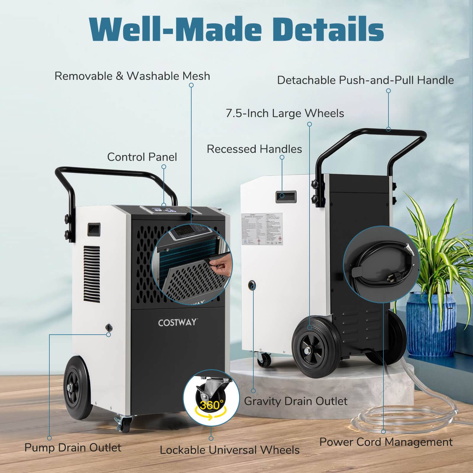 Well-Made Details

- Removable & Washable Mesh
- Detachable Push-and-Pull Handle
- 7.5-Inch Large Wheels
- Recessed Handles
- Control Panel
- Gravity Drain Outlet
- Pump Drain Outlet
- Lockable Universal Wheels
- Power Cord Management

COSTWAY