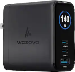 Wozoyo - 140W Smart LED GaN Charger, 2X Type-C & USB-A, Superfast 2.0, PD/PPS/QC 3.0, Foldable Plug, iPhone, iPad, Black - Black