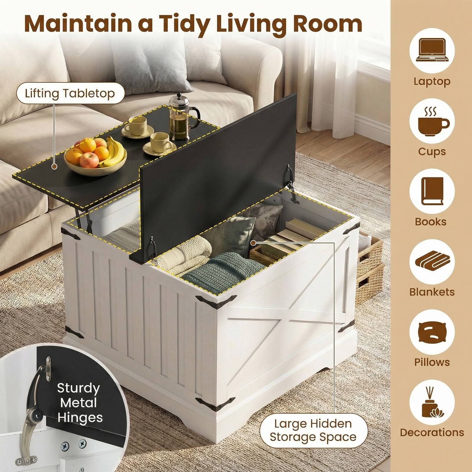 Maintain a Tidy Living Room  
Lifting Tabletop  
Laptop  
Cups  
Books  
Blankets  
Pillows  
Sturdy Metal Hinges  
Large Hidden Storage Space  
Decorations