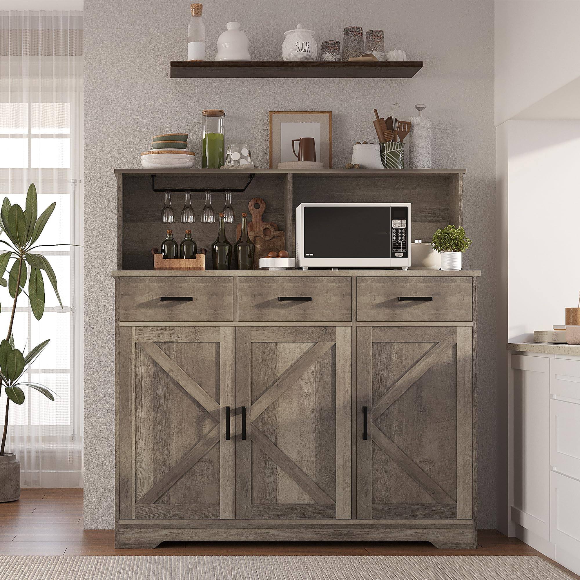 Alt View 2. Homhougo - Farmhouse Sideboard Buffet Cabinet with Microwave Stand, Barn Doors Buffet Storage Cabinet with Drawers and Shelves - Grey.